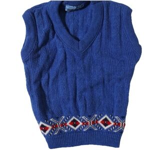 VTG Boys Cable Knit Sweater Vest Cut Loose Size 5-6 Sleeveless Blue Preppy‎